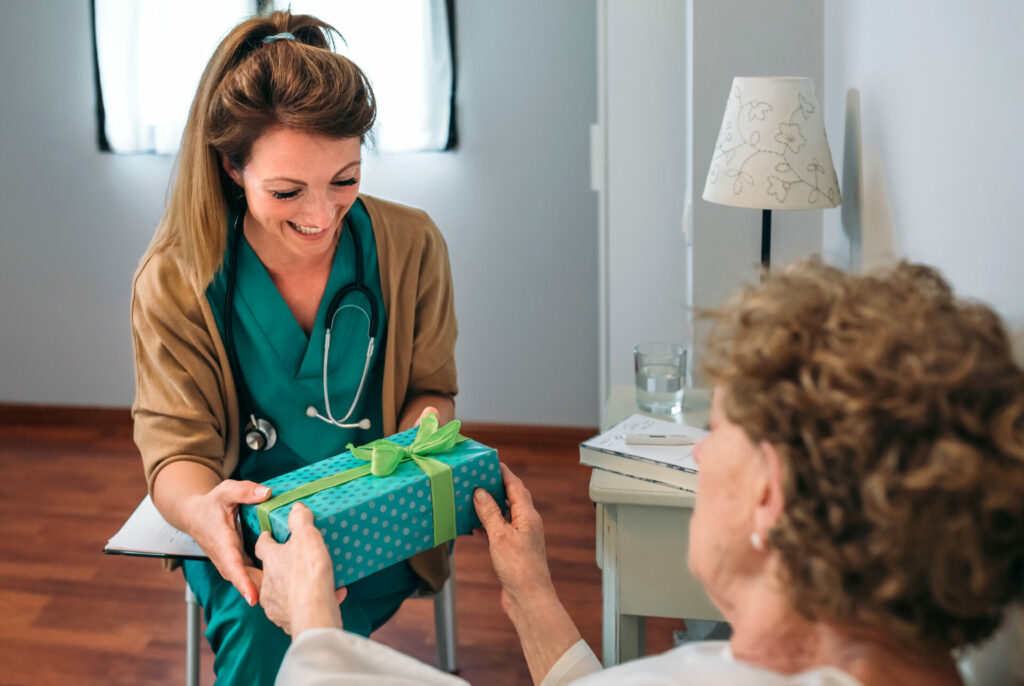 senior giving gift
